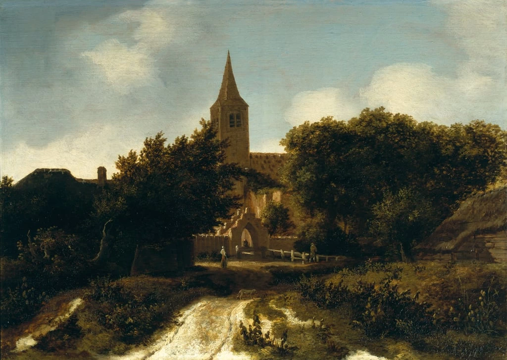 Paesaggio boscoso con figure vicino a una chiesa